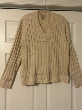 Womens WOOLRICH Sz L Ecru Heather Ribbed V-Neck Sweater